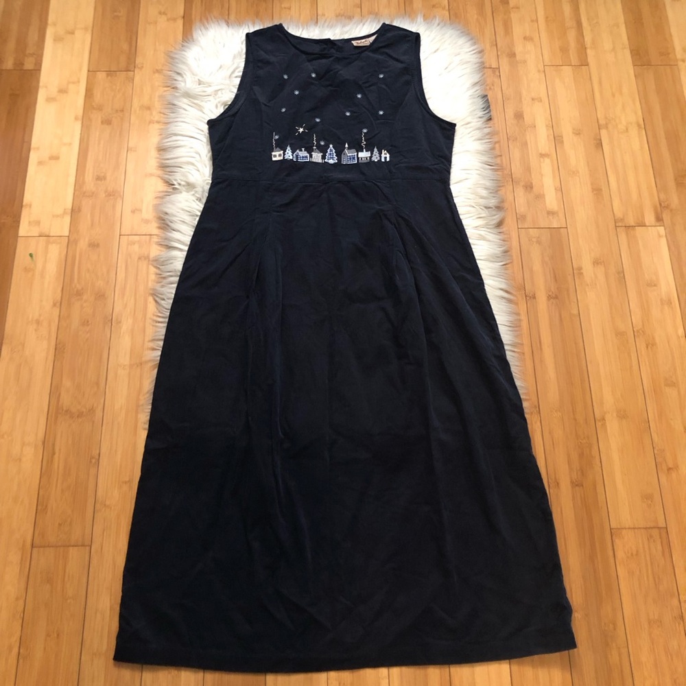 Vintage Woolrich Corduroy Embroidered Christmas Sleeveless Navy Maxi Dress M